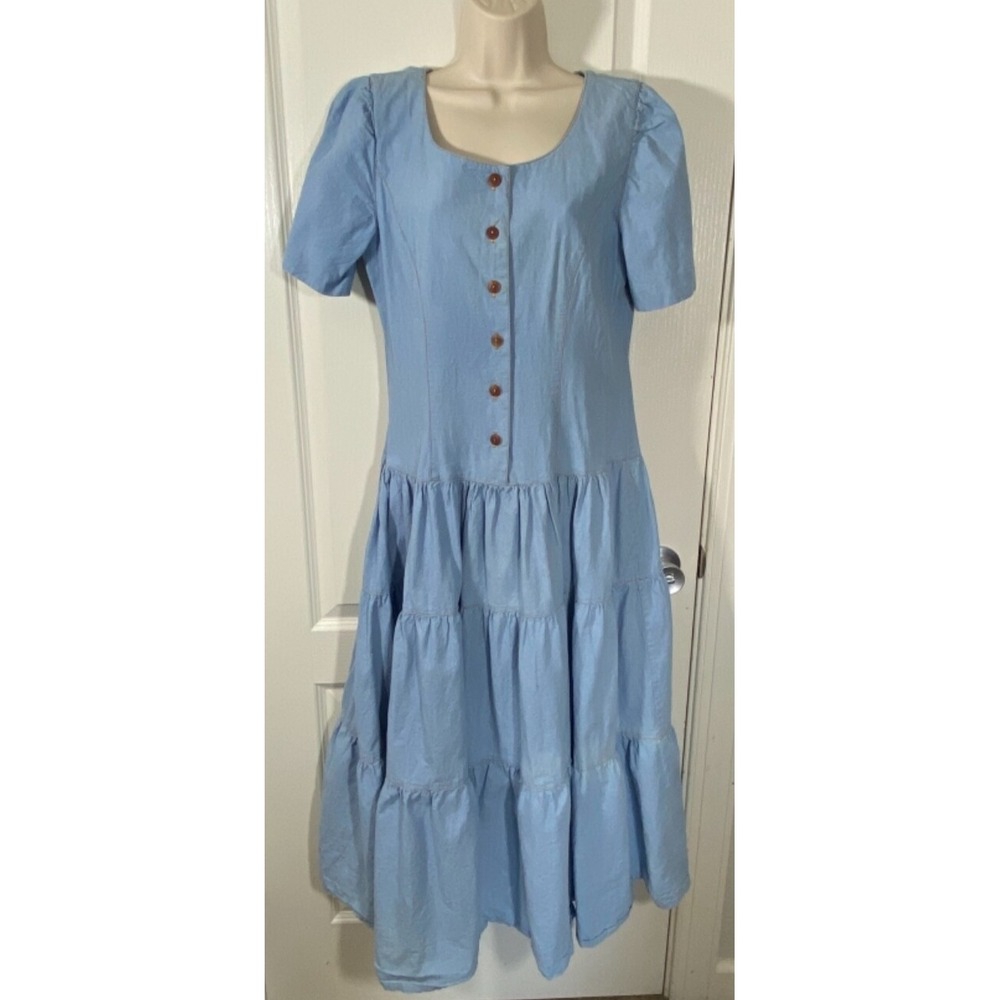 Vintage Chambray‎ Dress Blue 12 Cottagecore Midi Tiered Boho Hippie Western